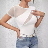 spring and summer 2025 new sexy solid color short - sleeved net splicing new T-shirt thin top women - Negative Apparel