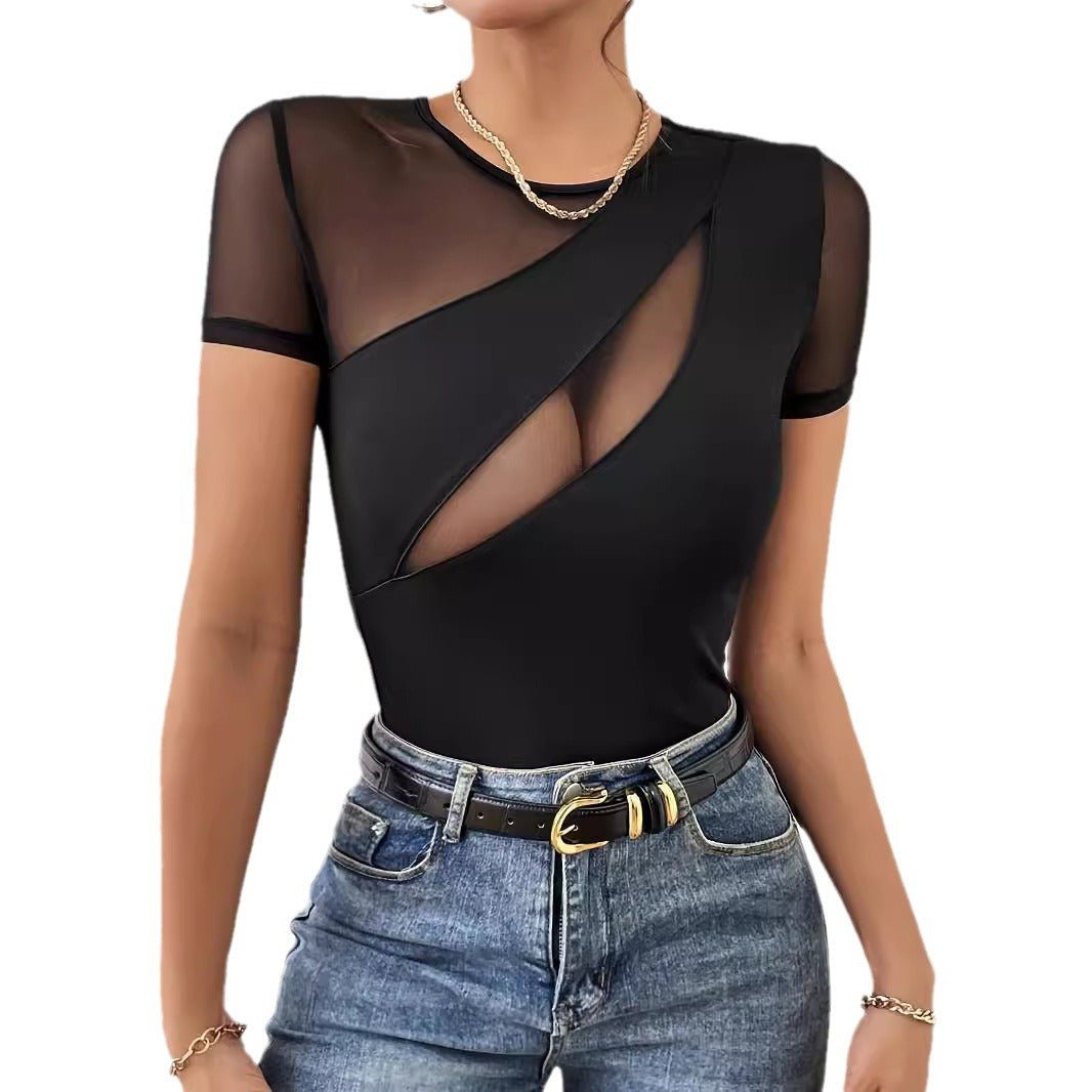 spring and summer 2025 new sexy solid color short - sleeved net splicing new T-shirt thin top women - Negative Apparel
