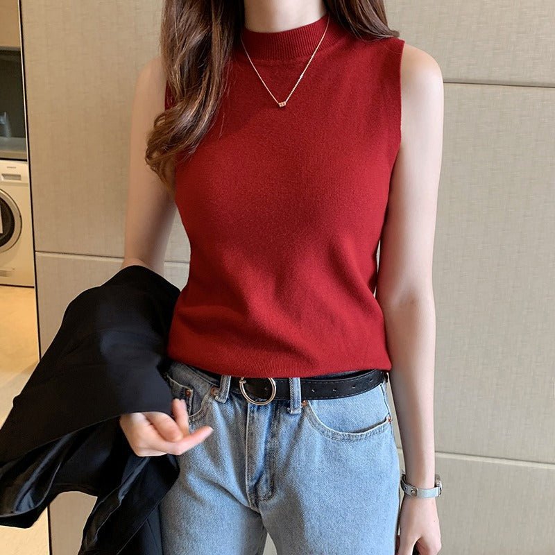 Spring and summer knitted sling vest women's French chic semi - turtleneck bottoming shirt and slim - fitting sleeveless top - Negative Apparel