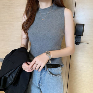 Spring and summer knitted sling vest women's French chic semi - turtleneck bottoming shirt and slim - fitting sleeveless top - Negative Apparel