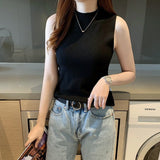 Spring and summer knitted sling vest women's French chic semi - turtleneck bottoming shirt and slim - fitting sleeveless top - Negative Apparel