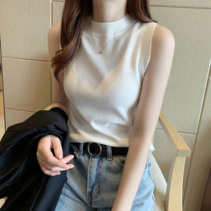 Spring and summer knitted sling vest women's French chic semi - turtleneck bottoming shirt and slim - fitting sleeveless top - Negative Apparel