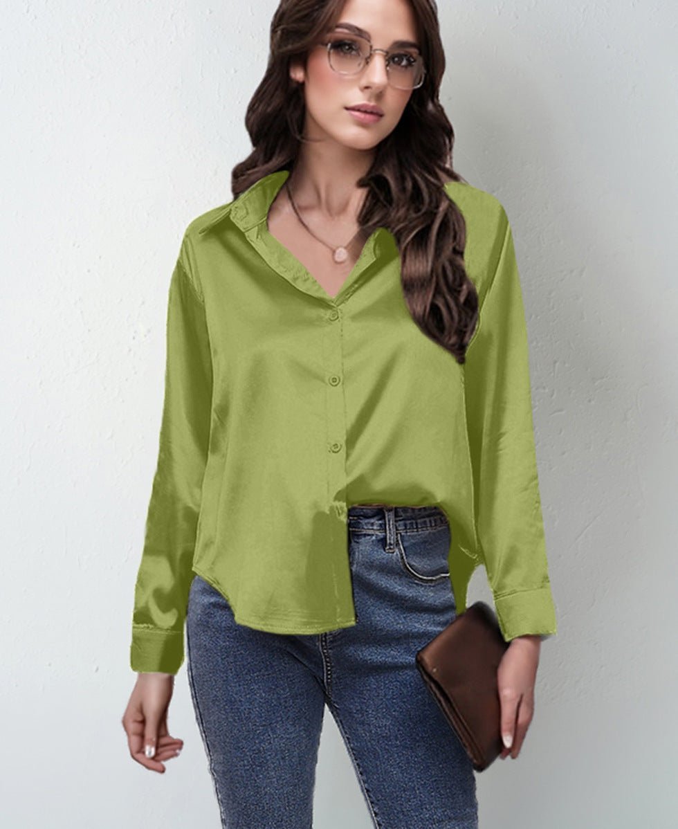 spring and summer new style satin satin shirt female imitation silk long - sleeved shirt - Negative Apparel
