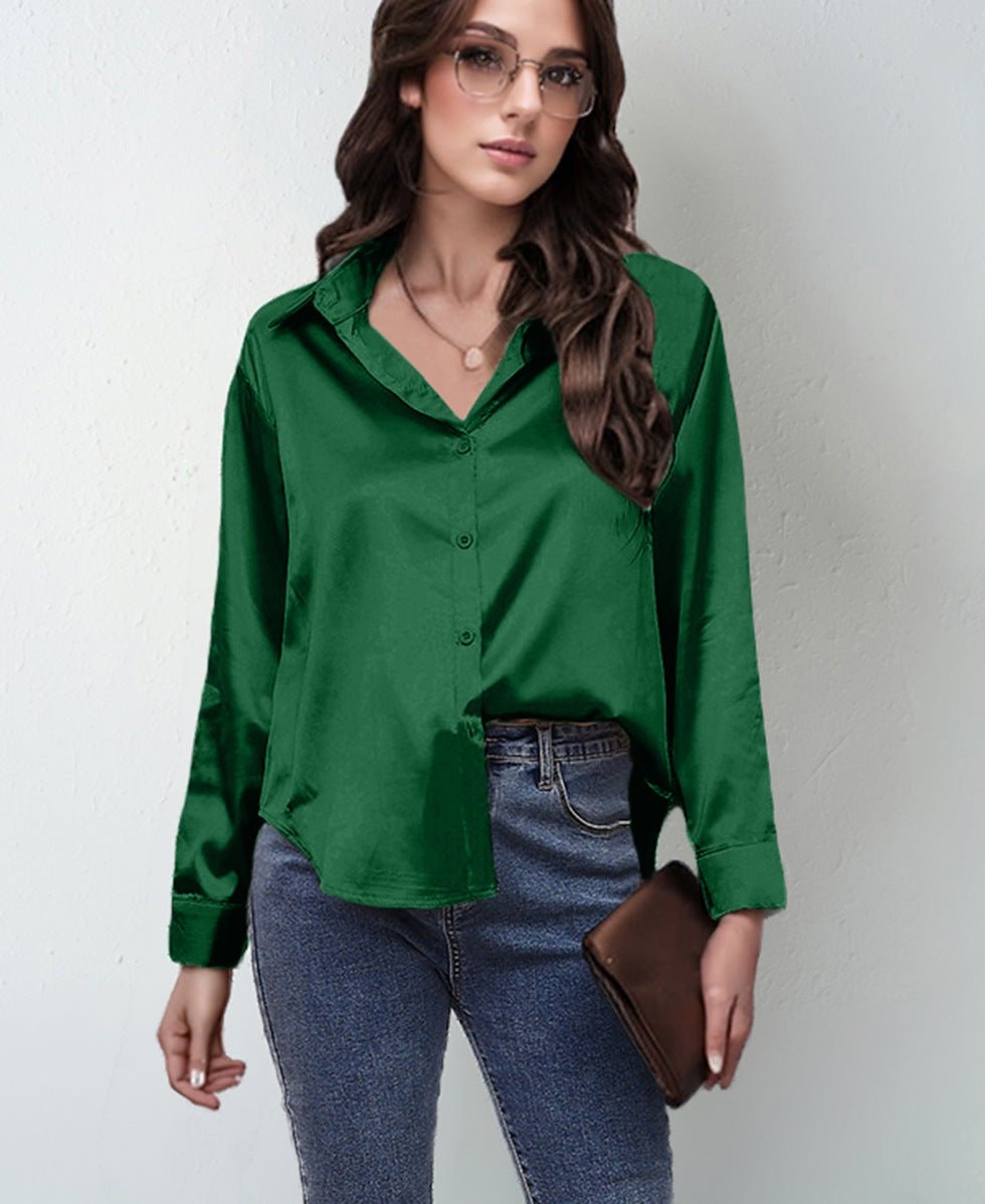 spring and summer new style satin satin shirt female imitation silk long - sleeved shirt - Negative Apparel