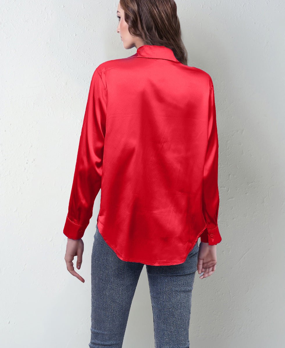 spring and summer new style satin satin shirt female imitation silk long - sleeved shirt - Negative Apparel