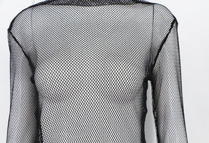 Spring and summer new tops solid color round neck long sleeve mesh see - through bottoming T-shirt - Negative Apparel