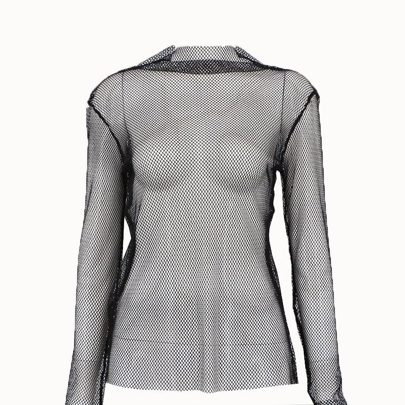 Spring and summer new tops solid color round neck long sleeve mesh see - through bottoming T-shirt - Negative Apparel