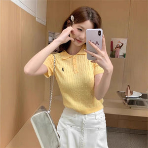Spring and Summer Polo Neck Knitted Sweater Women's Pony Embroidered Slim Sleeve Short Sleeve T-Shirt Bottom Shirt Vintage Twist Top - Negative Apparel