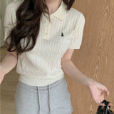 Spring and Summer Polo Neck Knitted Sweater Women's Pony Embroidered Slim Sleeve Short Sleeve T-Shirt Bottom Shirt Vintage Twist Top - Negative Apparel