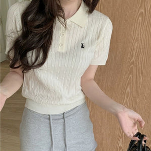 Spring and Summer Polo Neck Knitted Sweater Women's Pony Embroidered Slim Sleeve Short Sleeve T-Shirt Bottom Shirt Vintage Twist Top - Negative Apparel