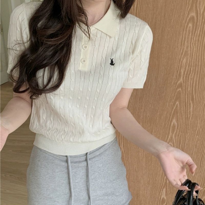 Spring and Summer Polo Neck Knitted Sweater Women's Pony Embroidered Slim Sleeve Short Sleeve T-Shirt Bottom Shirt Vintage Twist Top - Negative Apparel