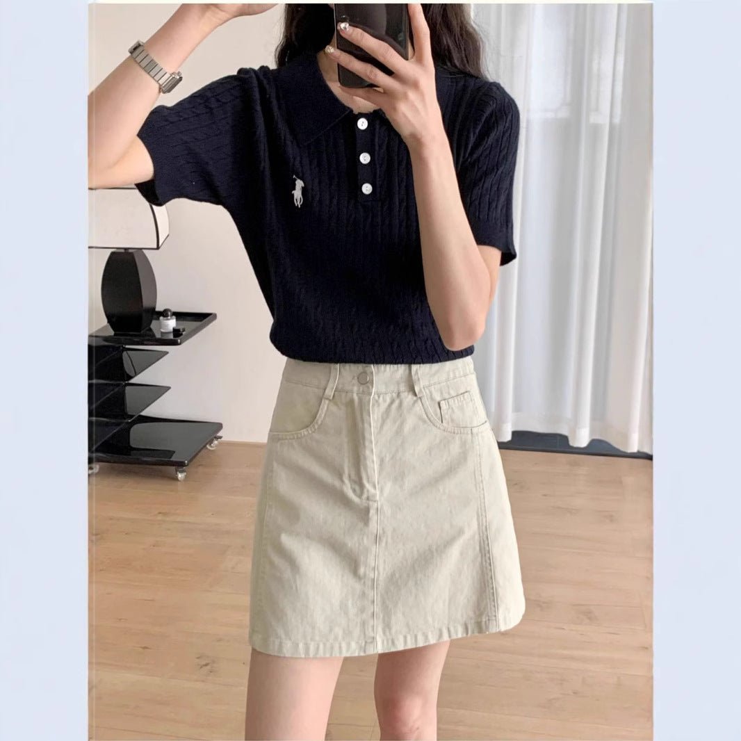 Spring and Summer Polo Neck Knitted Sweater Women's Pony Embroidered Slim Sleeve Short Sleeve T-Shirt Bottom Shirt Vintage Twist Top - Negative Apparel