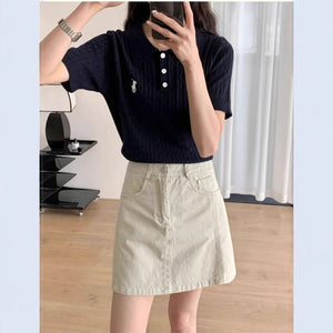 Spring and Summer Polo Neck Knitted Sweater Women's Pony Embroidered Slim Sleeve Short Sleeve T-Shirt Bottom Shirt Vintage Twist Top - Negative Apparel
