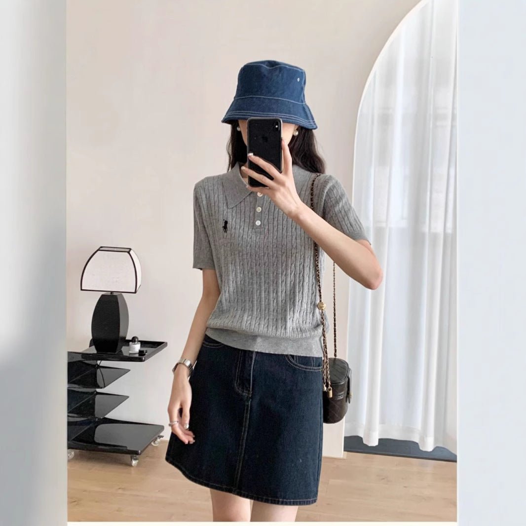 Spring and Summer Polo Neck Knitted Sweater Women's Pony Embroidered Slim Sleeve Short Sleeve T-Shirt Bottom Shirt Vintage Twist Top - Negative Apparel