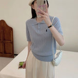 Spring and Summer Polo Neck Knitted Sweater Women's Pony Embroidered Slim Sleeve Short Sleeve T-Shirt Bottom Shirt Vintage Twist Top - Negative Apparel