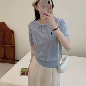 Spring and Summer Polo Neck Knitted Sweater Women's Pony Embroidered Slim Sleeve Short Sleeve T-Shirt Bottom Shirt Vintage Twist Top - Negative Apparel