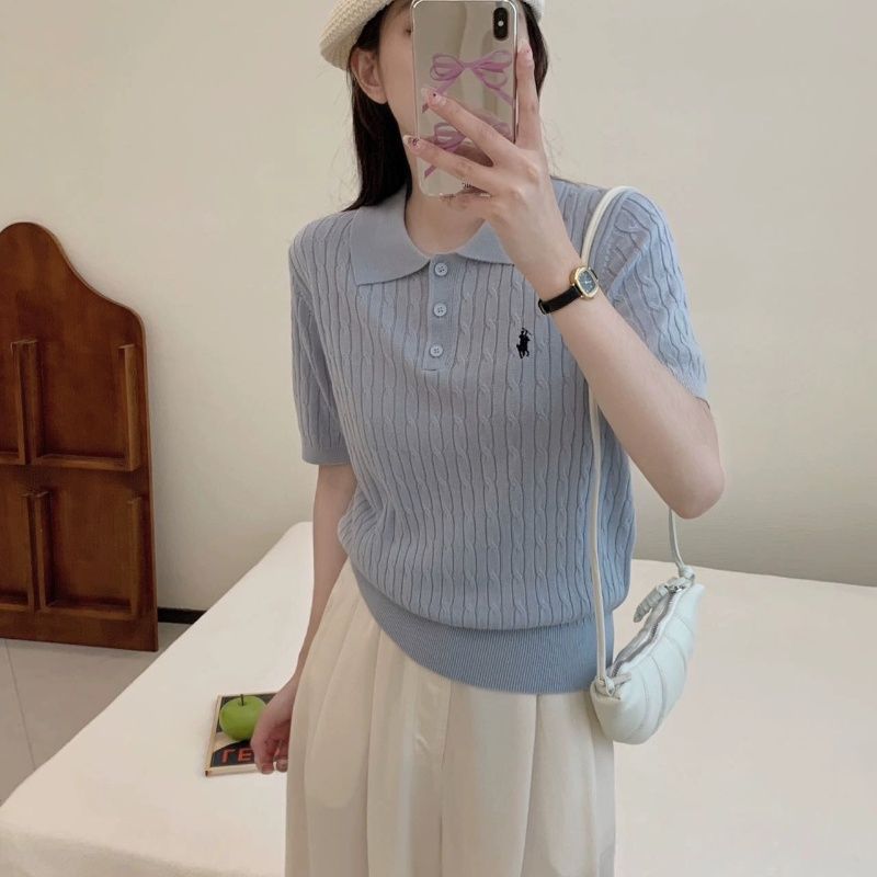 Spring and Summer Polo Neck Knitted Sweater Women's Pony Embroidered Slim Sleeve Short Sleeve T-Shirt Bottom Shirt Vintage Twist Top - Negative Apparel