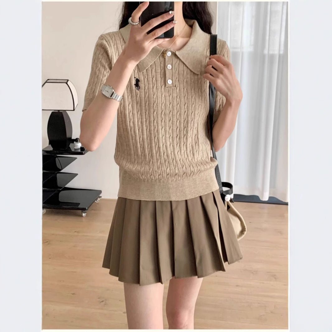 Spring and Summer Polo Neck Knitted Sweater Women's Pony Embroidered Slim Sleeve Short Sleeve T-Shirt Bottom Shirt Vintage Twist Top - Negative Apparel