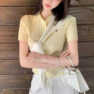Spring and Summer Polo Neck Knitted Sweater Women's Pony Embroidered Slim Sleeve Short Sleeve T-Shirt Bottom Shirt Vintage Twist Top - Negative Apparel
