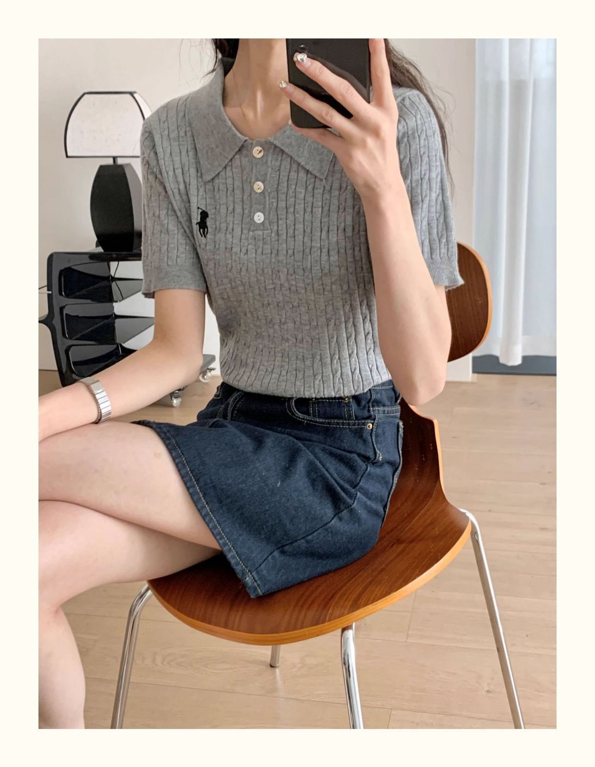 Spring and Summer Polo Neck Knitted Sweater Women's Pony Embroidered Slim Sleeve Short Sleeve T-Shirt Bottom Shirt Vintage Twist Top - Negative Apparel