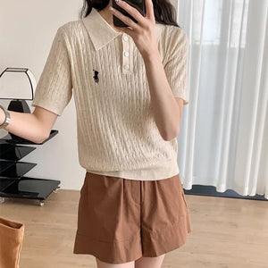 Spring and Summer Polo Neck Knitted Sweater Women's Pony Embroidered Slim Sleeve Short Sleeve T-Shirt Bottom Shirt Vintage Twist Top - Negative Apparel