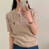 Spring and Summer Polo Neck Knitted Sweater Women's Pony Embroidered Slim Sleeve Short Sleeve T-Shirt Bottom Shirt Vintage Twist Top - Negative Apparel