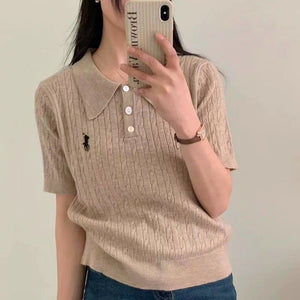 Spring and Summer Polo Neck Knitted Sweater Women's Pony Embroidered Slim Sleeve Short Sleeve T-Shirt Bottom Shirt Vintage Twist Top - Negative Apparel