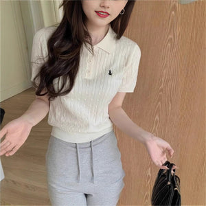Spring and Summer Polo Neck Knitted Sweater Women's Pony Embroidered Slim Sleeve Short Sleeve T-Shirt Bottom Shirt Vintage Twist Top - Negative Apparel