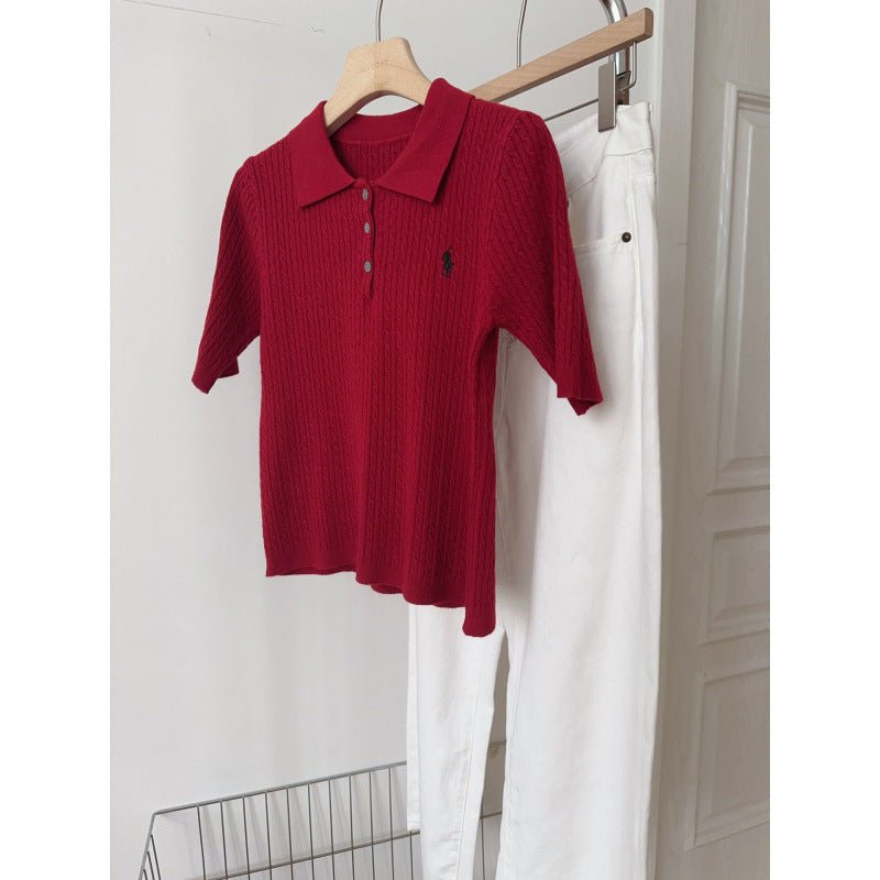Spring and Summer Polo Neck Knitted Sweater Women's Pony Embroidered Slim Sleeve Short Sleeve T-Shirt Bottom Shirt Vintage Twist Top - Negative Apparel