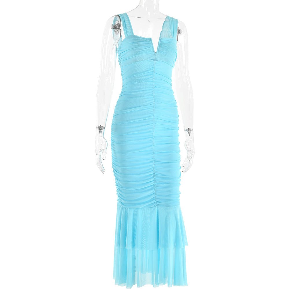 Spring and summer sling stitching dress tight pleated fishtail dress - Negative Apparel