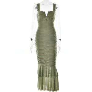 Spring and summer sling stitching dress tight pleated fishtail dress - Negative Apparel