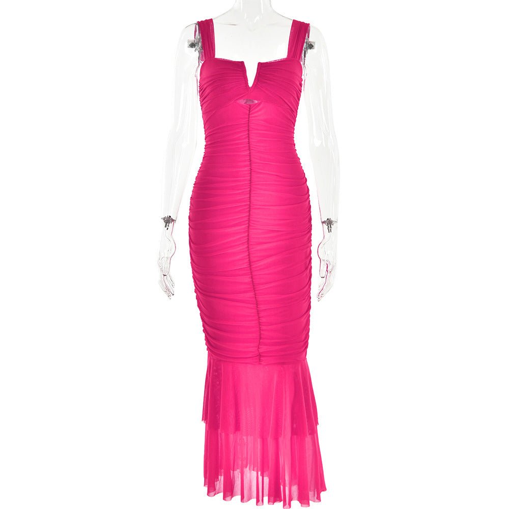 Spring and summer sling stitching dress tight pleated fishtail dress - Negative Apparel