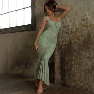 Spring and summer sling stitching dress tight pleated fishtail dress - Negative Apparel
