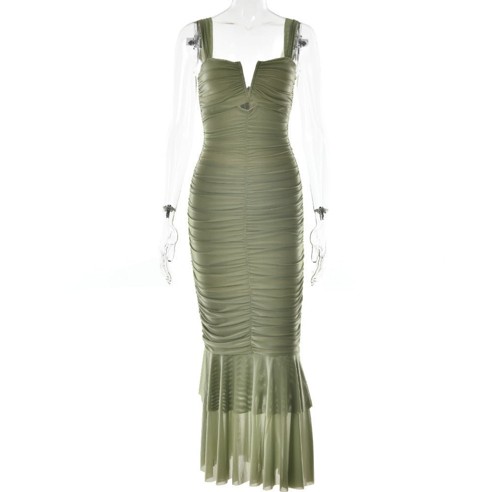 Spring and summer sling stitching dress tight pleated fishtail dress - Negative Apparel