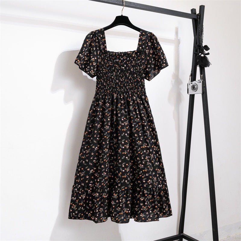 Spring and summer small fresh square neck lace dress short sleeve French floral bubble sleeve medium and long dress women - Negative Apparel
