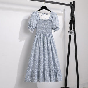 Spring and summer small fresh square neck lace dress short sleeve French floral bubble sleeve medium and long dress women - Negative Apparel