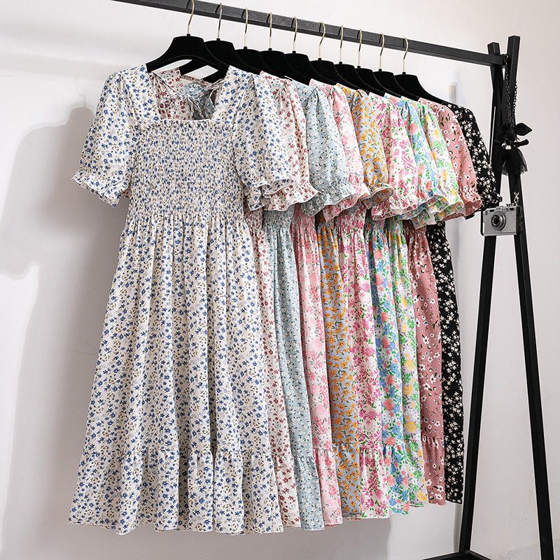 Spring and summer small fresh square neck lace dress short sleeve French floral bubble sleeve medium and long dress women - Negative Apparel