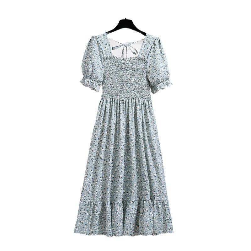 Spring and summer small fresh square neck lace dress short sleeve French floral bubble sleeve medium and long dress women - Negative Apparel