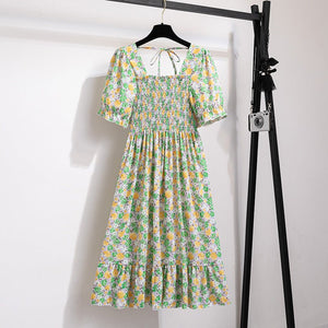 Spring and summer small fresh square neck lace dress short sleeve French floral bubble sleeve medium and long dress women - Negative Apparel