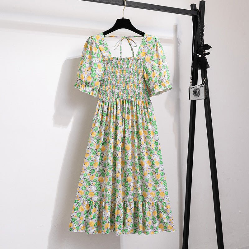 Spring and summer small fresh square neck lace dress short sleeve French floral bubble sleeve medium and long dress women - Negative Apparel