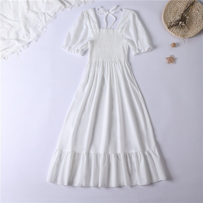 Spring and summer small fresh square neck lace dress short sleeve French floral bubble sleeve medium and long dress women - Negative Apparel
