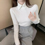 Spring, Autumn and Winter Long Sleeve Knitted Sweater POLO Shirt Doll Collar Sweater Versatile Slim Skinny Foreign Top Bottom Shirt - Negative Apparel