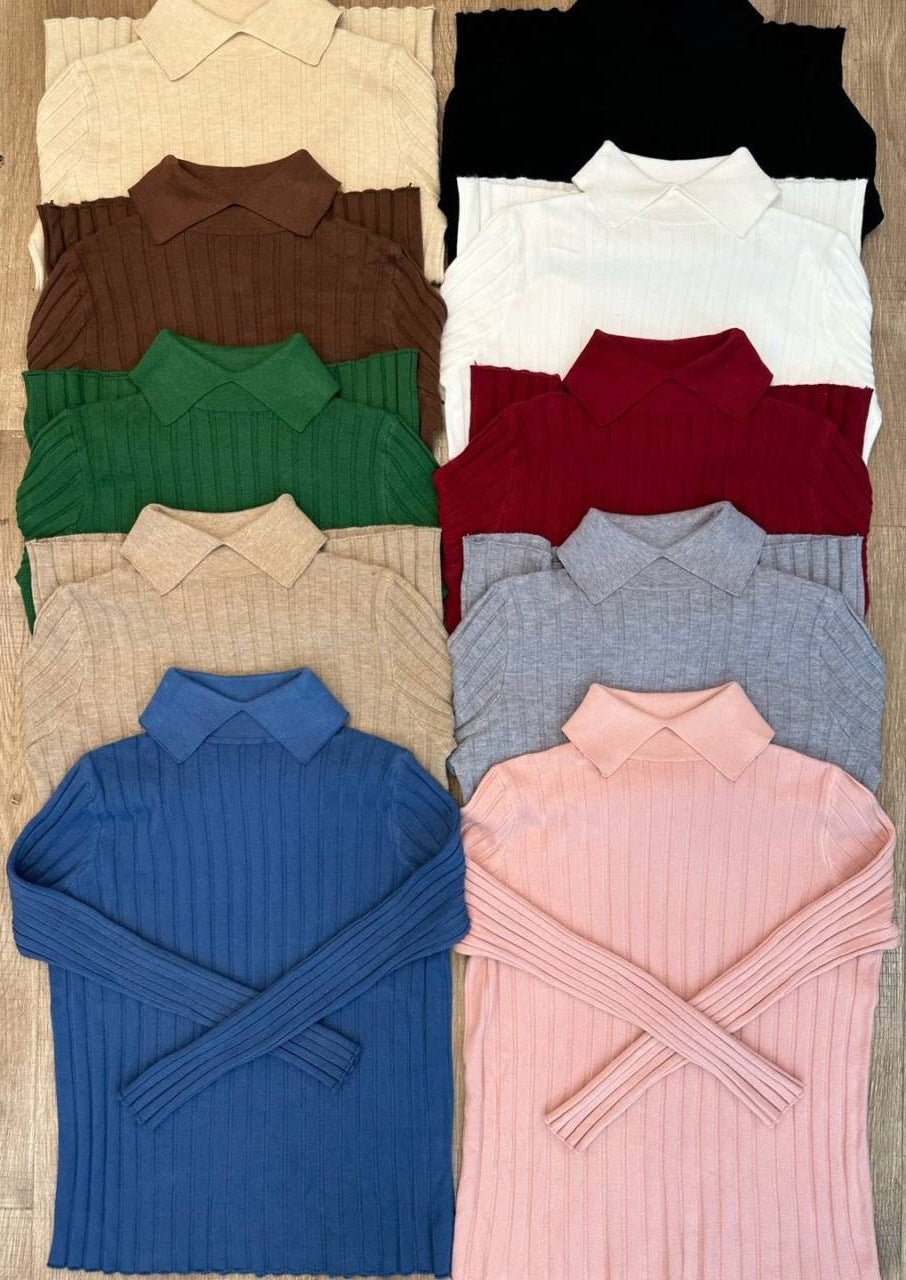 Spring, Autumn and Winter Long Sleeve Knitted Sweater POLO Shirt Doll Collar Sweater Versatile Slim Skinny Foreign Top Bottom Shirt - Negative Apparel
