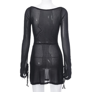 Spring new style pure color mesh long sleeve slit short dress - Negative Apparel