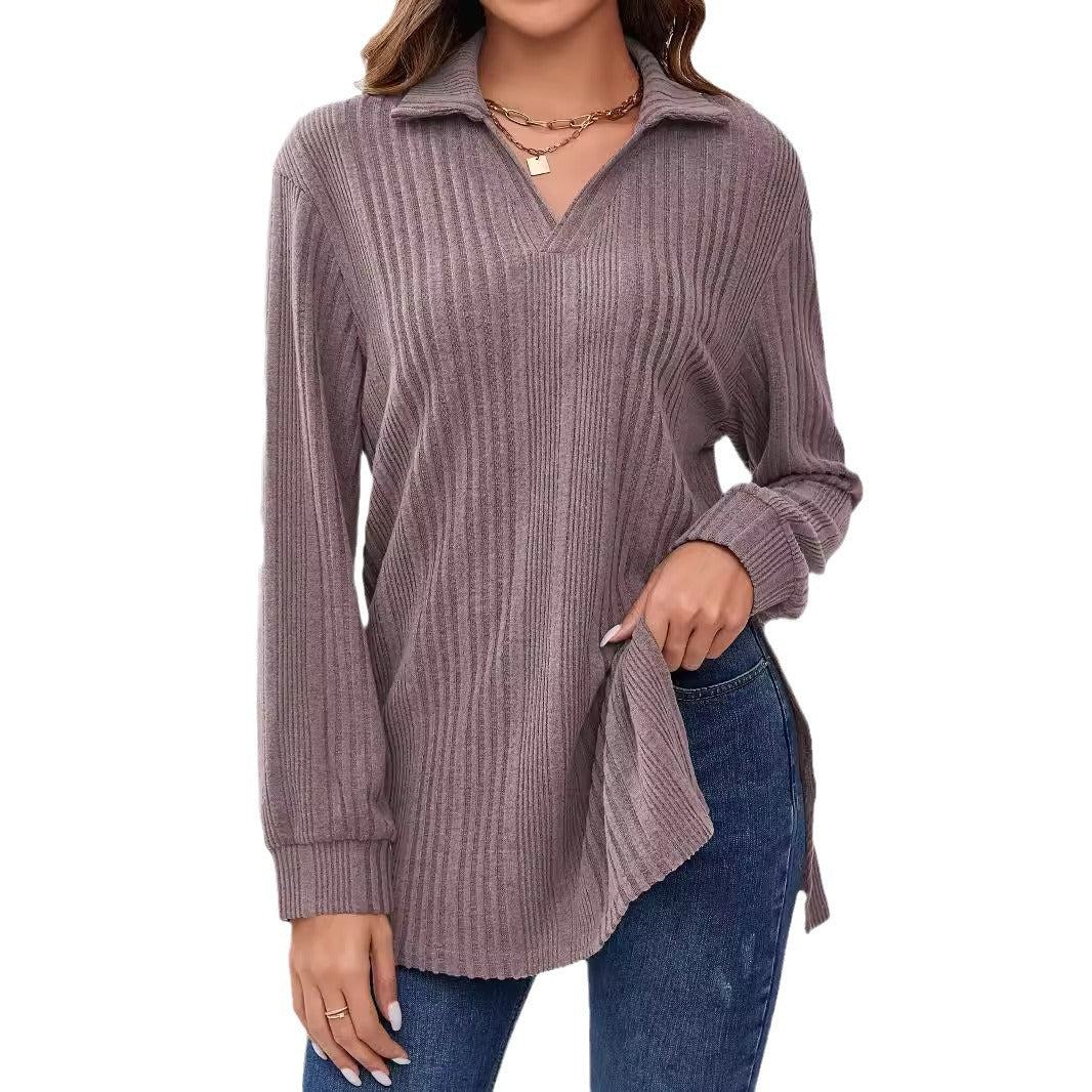 Spring solid color lapel loose muscle lining abrasion fashion large version T-shirt top women - Negative Apparel