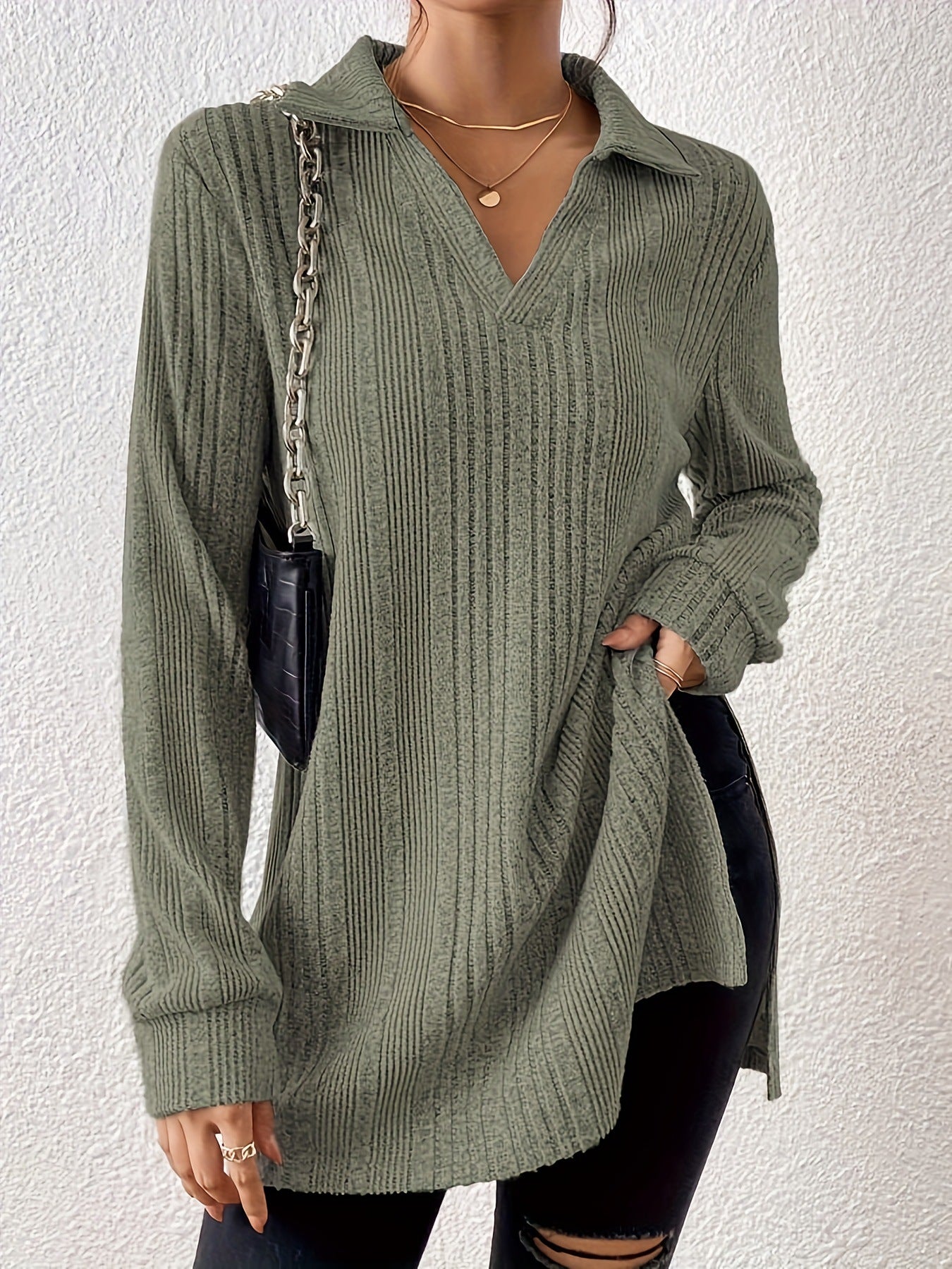 Spring solid color lapel loose muscle lining abrasion fashion large version T-shirt top women - Negative Apparel