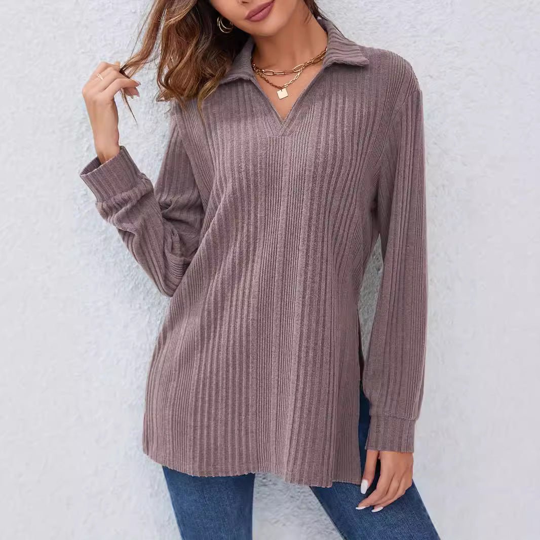 Spring solid color lapel loose muscle lining abrasion fashion large version T-shirt top women - Negative Apparel