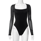 Square collar long sleeve mesh splicing slim bodysuit - Negative Apparel