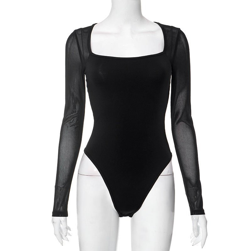 Square collar long sleeve mesh splicing slim bodysuit - Negative Apparel