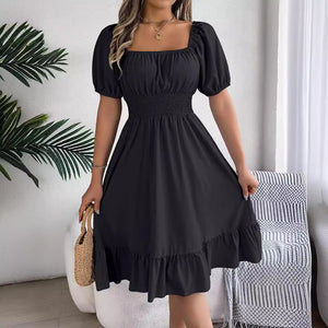 Square collar short sleeve waist ruffled A - line dress - Negative Apparel